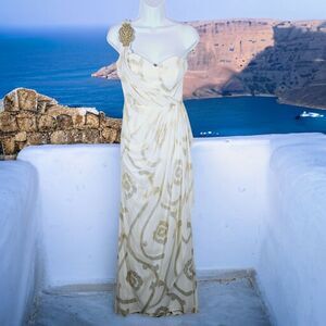 Vintage Cache Size 6 Womens Dress Gown Maxi White Gold Rhinestone Prom XS4307C